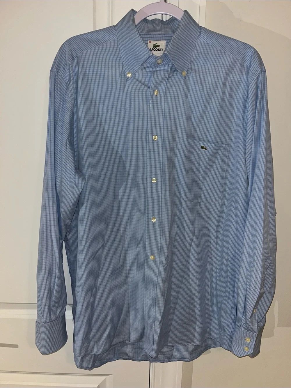 Lacoste Classic Fit 42 Shirt Pale Blue Check Button Down Pocket LS 100% Cotton L